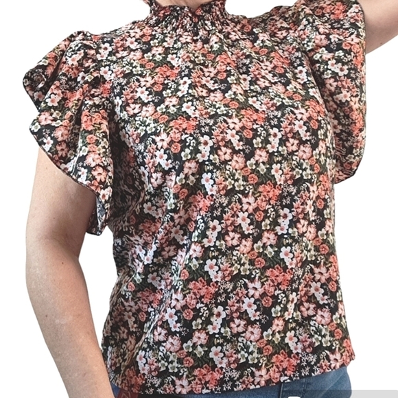 Shein Classic Frilled Neck Flutter Sleeve Ditsy Floral Print Top Size La… - Picture 1 of 9